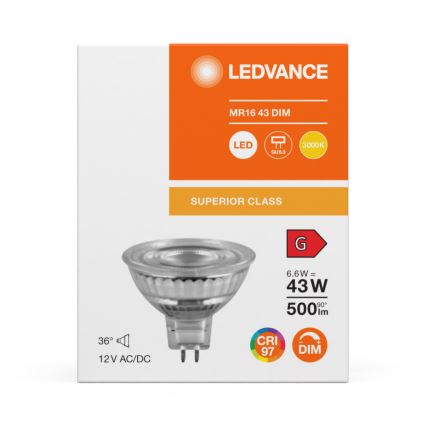 Dimmelhető LED reflektoros izzó MR16 GU5,3/6,6W/12V 3000K 36° CRI 97 - Ledvance