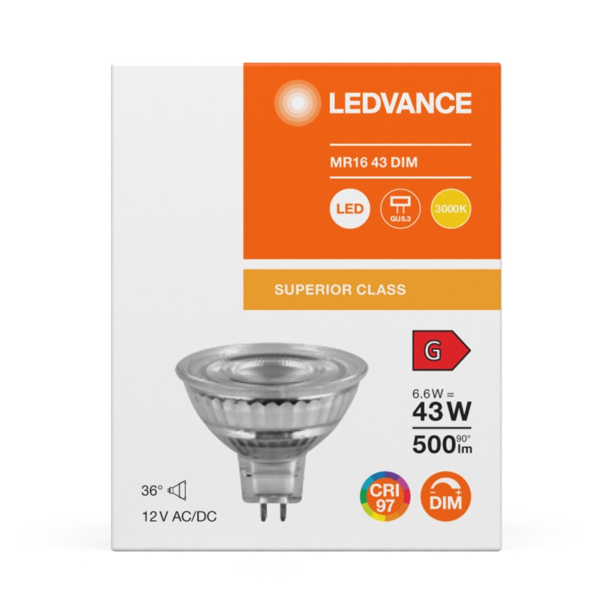 Dimmelhető LED reflektoros izzó MR16 GU5,3/6,6W/12V 3000K 36° CRI 97 - Ledvance