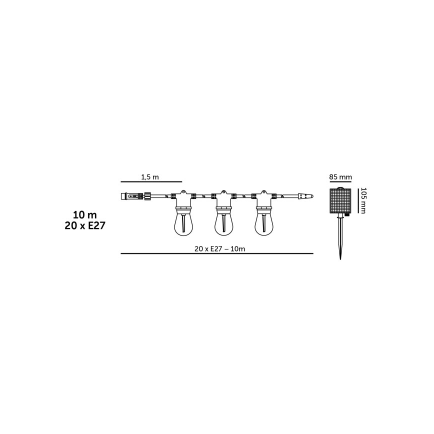 LED dimmelhető napelemes dekorációs fényfüzér STARLIGHT NEO 20xE27/3,7V 2700K IP54 1200 mAh 11,5m + távirányító