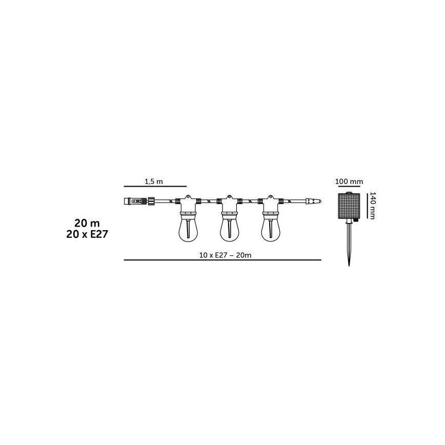 LED dimmelhető napelemes dekorációs fényfüzér STARLIGHT NEO 20xE27/3,7V 2700K IP54 2400 mAh 21,5m + távirányító