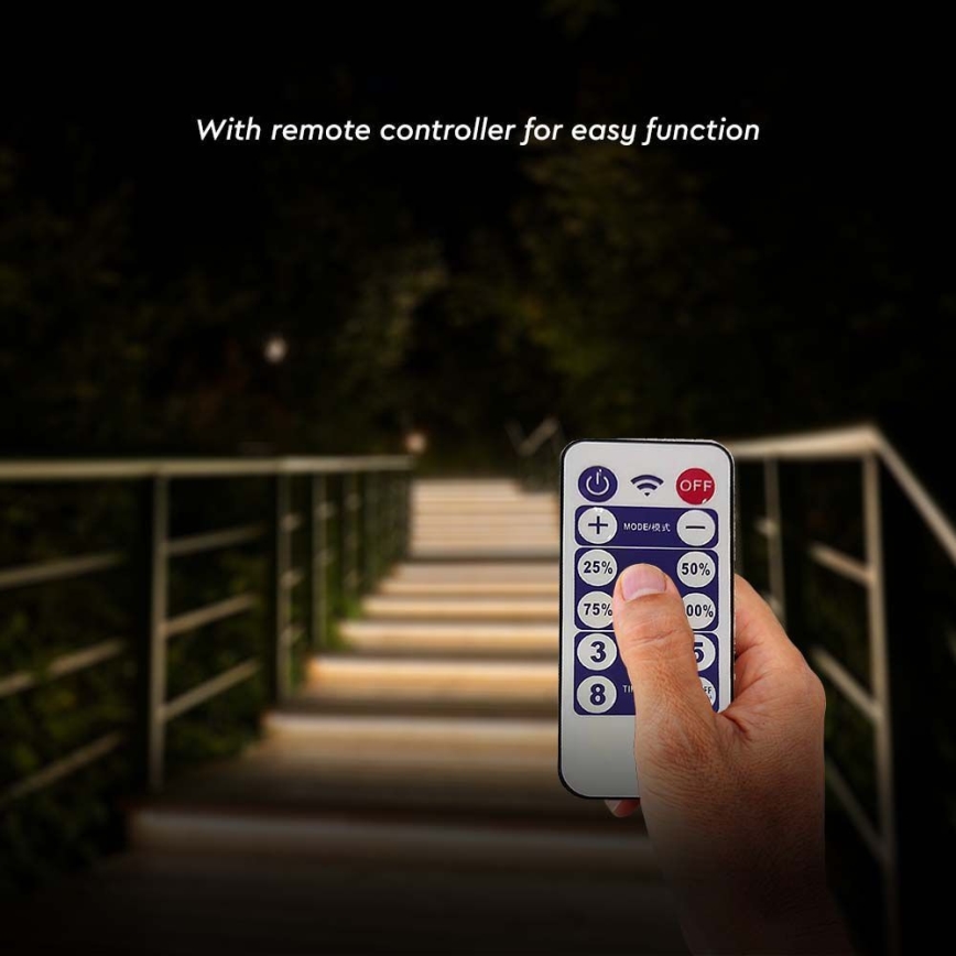 LED Dimmelhető napelemes szalag LED/1,2W/3,7V 4000K IP67 5m + távirányítás