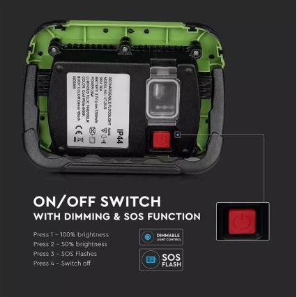 LED Dimmelhető újratölthető reflektor SAMSUNG CHIP + funkció SOS LED/20W/3,7V/USB IP44 4000K 7200 mAh zöld