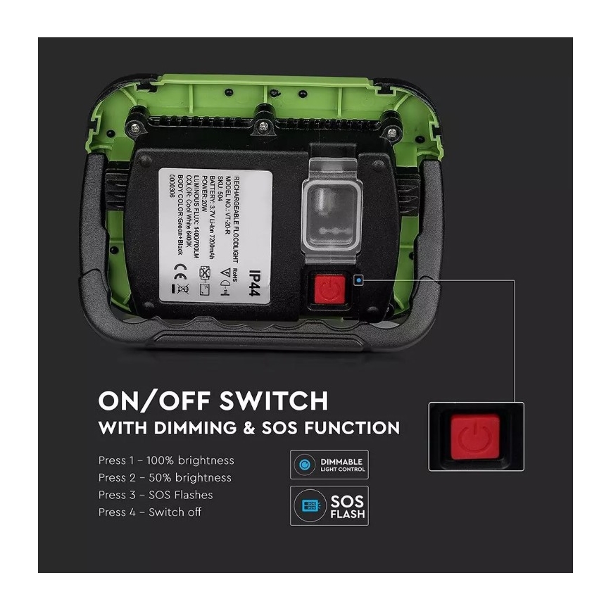 LED Dimmelhető újratölthető reflektor SAMSUNG CHIP + funkció SOS LED/20W/3,7V/USB IP44 4000K 7200 mAh zöld