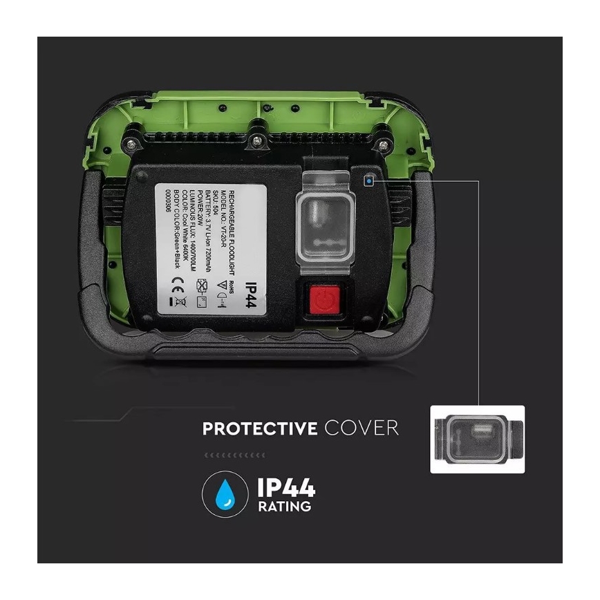 LED Dimmelhető újratölthető reflektor SAMSUNG CHIP + funkció SOS LED/20W/3,7V/USB IP44 4000K 7200 mAh zöld