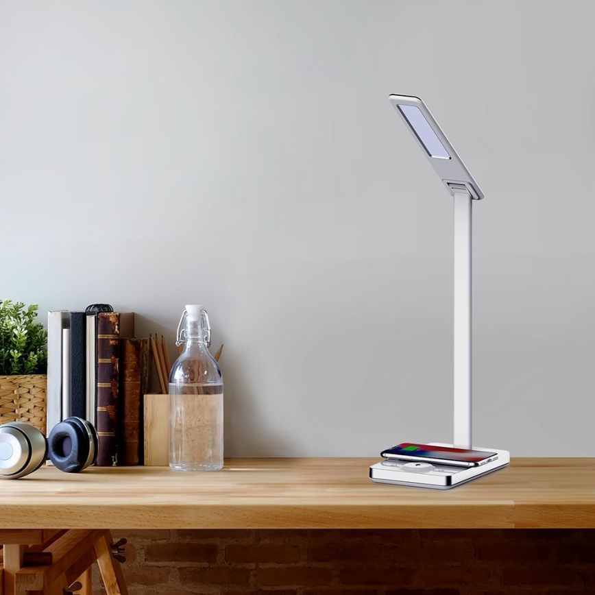 LED érintős, fényerőszabályzós asztali lámpa vezeték nélküli töltéssel LED/7W/5V 3000-6500K USB fehér
