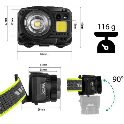 LED, állítható fényerejű, újratölthető fejlámpa érzékelővel és vörös fénnyel LED/6W/5V/3xAAA IP66 500 lm 1200 mAh