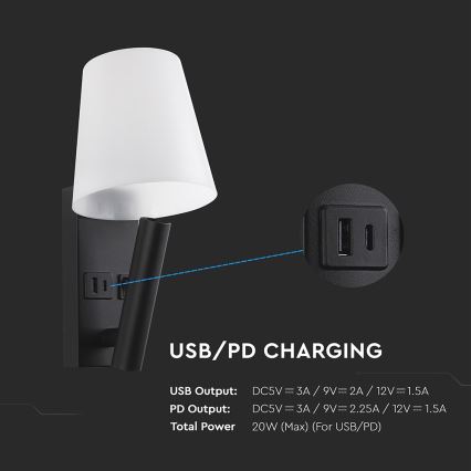 LED fali lámpa USB-porttal LED/2W/230V 3000K fekete/fehér