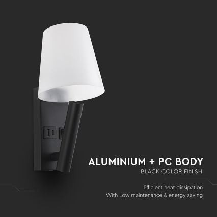 LED fali lámpa USB-porttal LED/2W/230V 3000K fekete/fehér