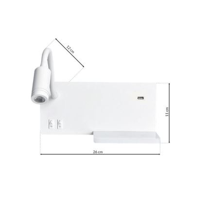 LED fali lámpatest SHELF LED/4W+LED/5W+LED/2W/230V + USB-port, fehér