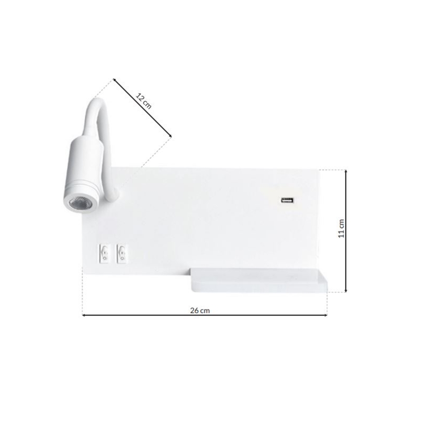 LED fali lámpatest SHELF LED/4W+LED/5W+LED/2W/230V + USB-port, fehér