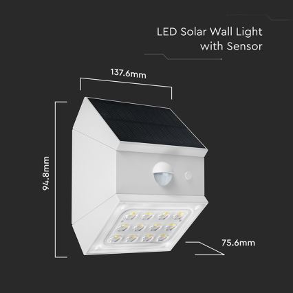 LED fali napelemes lámpatest érzékelővel LED/2,5W/3,7V 3000/4000/6000K IP65 1200 mAh fehér