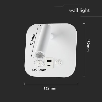 LED fali spotlámpa USB-porttal LED/8W/230V 3000K fehér