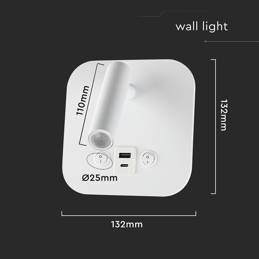 LED fali spotlámpa USB-porttal LED/8W/230V 3000K fehér