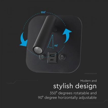 LED fali spotlámpa USB-porttal LED/8W/230V 3000K fekete