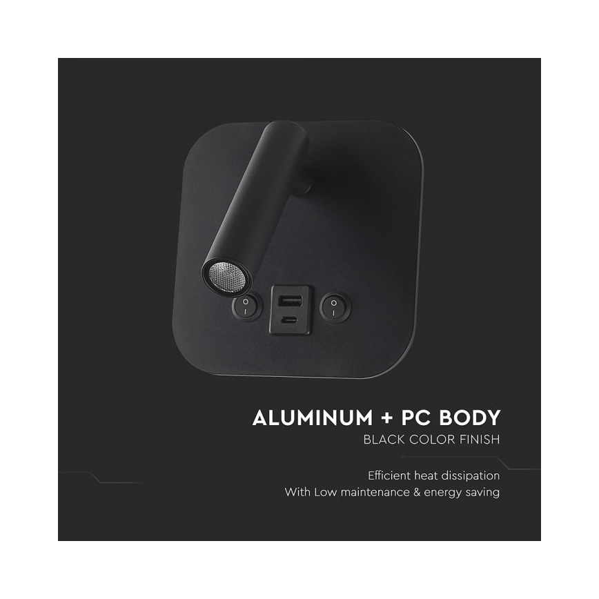 LED fali spotlámpa USB-porttal LED/8W/230V 3000K fekete