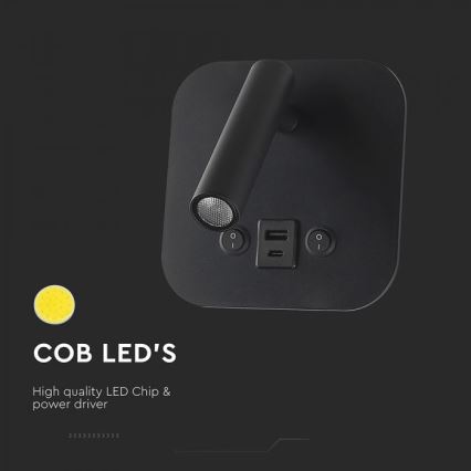 LED fali spotlámpa USB-porttal LED/8W/230V 3000K fekete