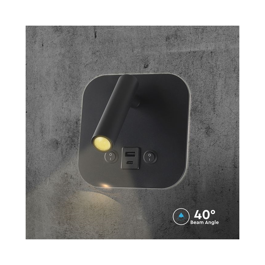 LED fali spotlámpa USB-porttal LED/8W/230V 3000K fekete