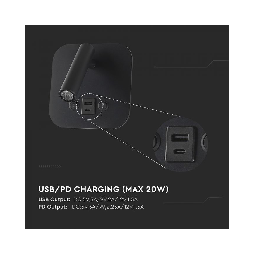 LED fali spotlámpa USB-porttal LED/8W/230V 3000K fekete