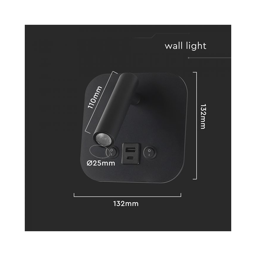 LED fali spotlámpa USB-porttal LED/8W/230V 3000K fekete