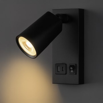 LED fali spotlámpa USB-töltéssel, LED/5W/230V, fekete