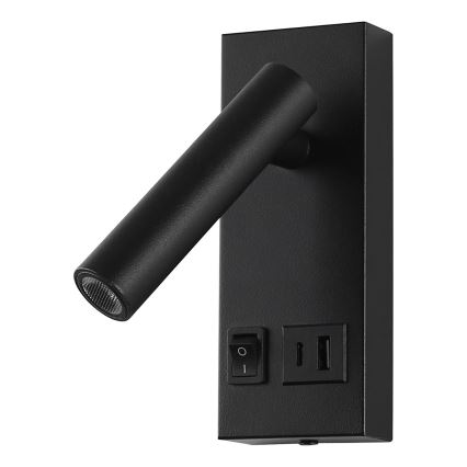 LED Fali spotlámpa USB-vel LED/2W/230V fekete
