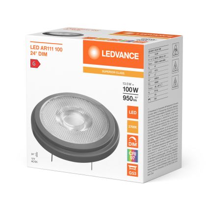 LED fényerőszabályozható izzó AR111 G53/13,5W/12V 2700K 24° CRI 97 - Ledvance