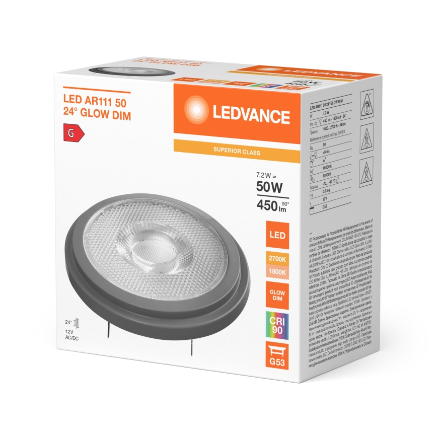 LED fényerőszabályozható izzó AR111 G53/7,2W/12V 1800-2700K 24° CRI 90 - Ledvance