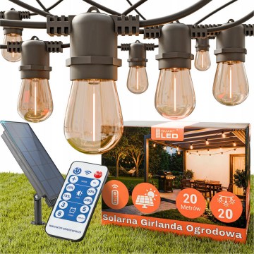 LED fényerőszabályozható napelemes dekorációs fényfüzér 20xE27/0,3W/3/5V USB 2400 mAh 20,62 m IP65 fekete + távirányító