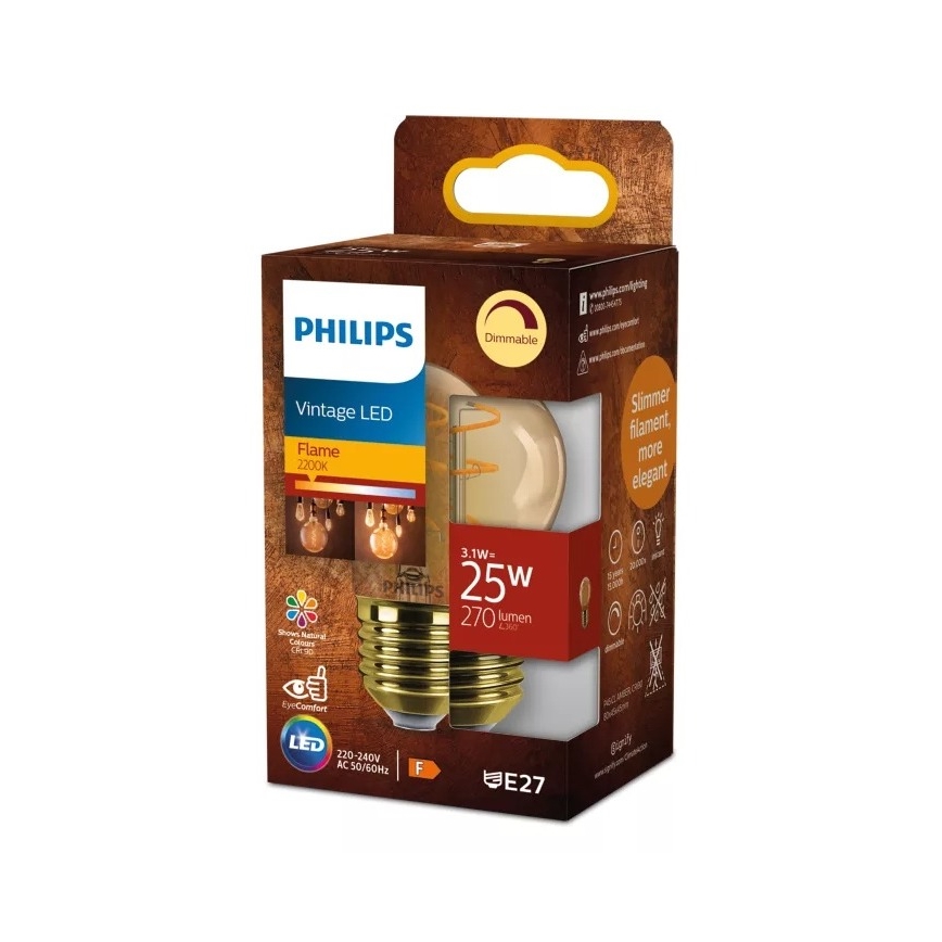 LED fényerőszabályozható VINTAGE Philips P45 izzó E27/3,1W/230V 2200K CRI 90