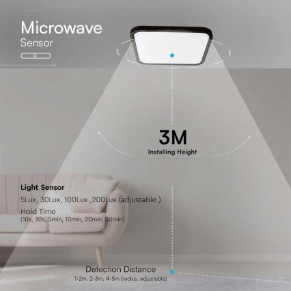 LED Fürdőszobai mennyezeti lámpa érzékelővel LED/36W/230V 4000K IP44 42x42 cm fekete + távirányító