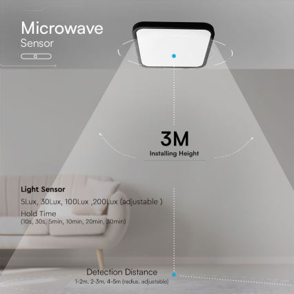 LED Fürdőszobai mennyezeti lámpa érzékelővel SAMSUNG CHIP LED/36W/230V IP44 4000K 42x42 cm fekete + távirányító