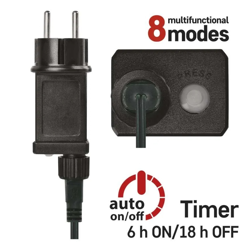 LED füzér, 200 LED, 8 funkciós, 25 m, IP44, többszínű