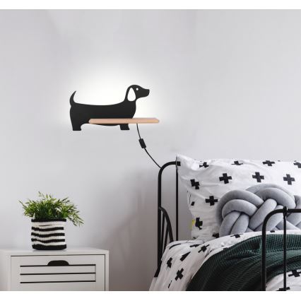 LED Gyerek fali lámpa polccal DOG LED/5W/230V fekete/fa,