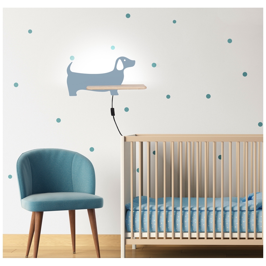 LED Gyerek fali lámpa polccal KUTYA LED/5W/230V kék/fa,