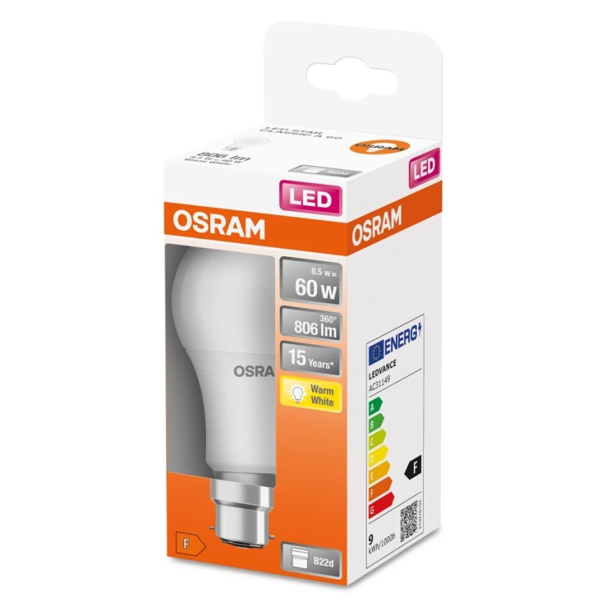 LED Izzó A60 B22d/8,5W/230V 2700K - Osram