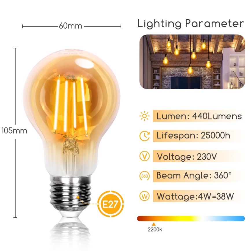LED Izzó A60 E27/4W/230V 2200K - Aigostar