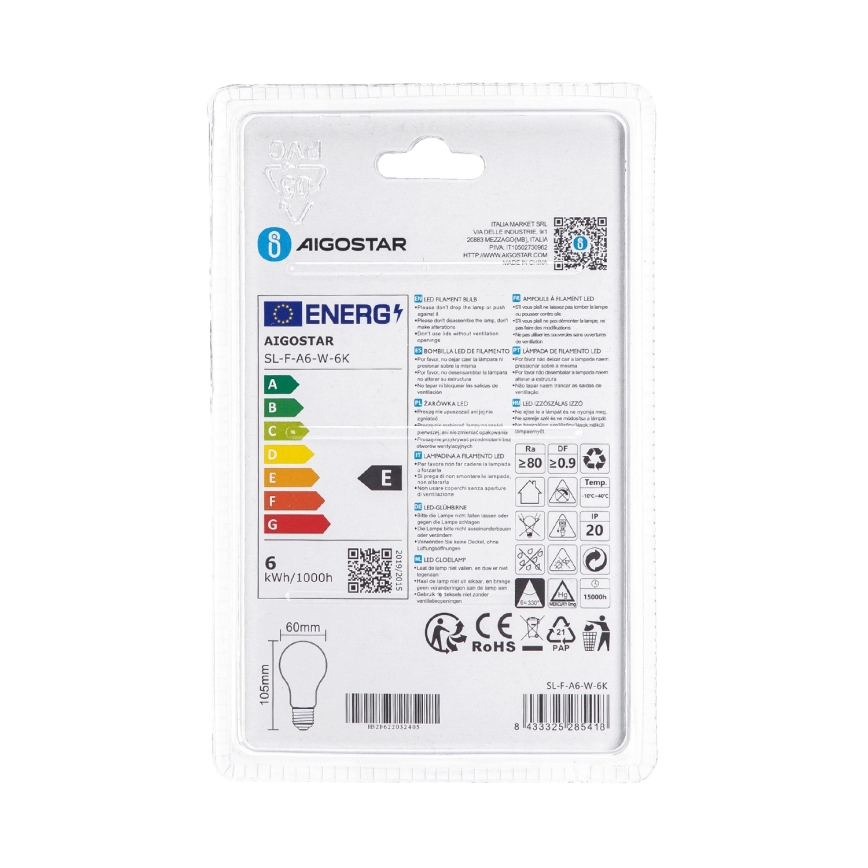 LED izzó A60 E27/6W/230V 6500K 330° - Aigostar
