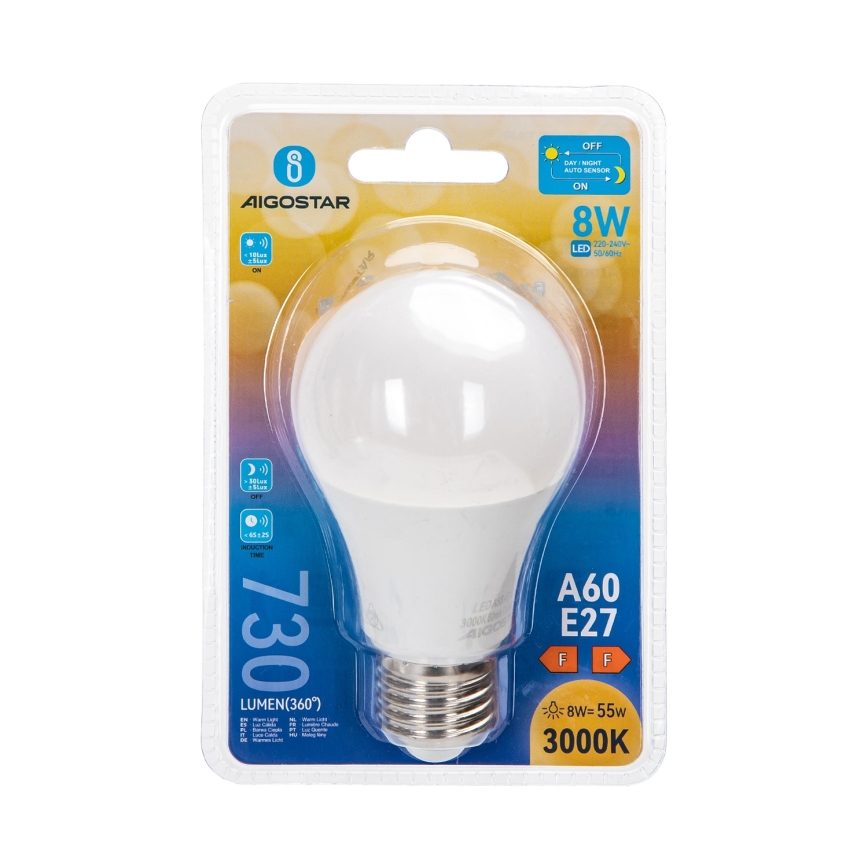 LED izzó alkonyatérzékelővel A60 E27/8W/230V 3000K - Aigostar
