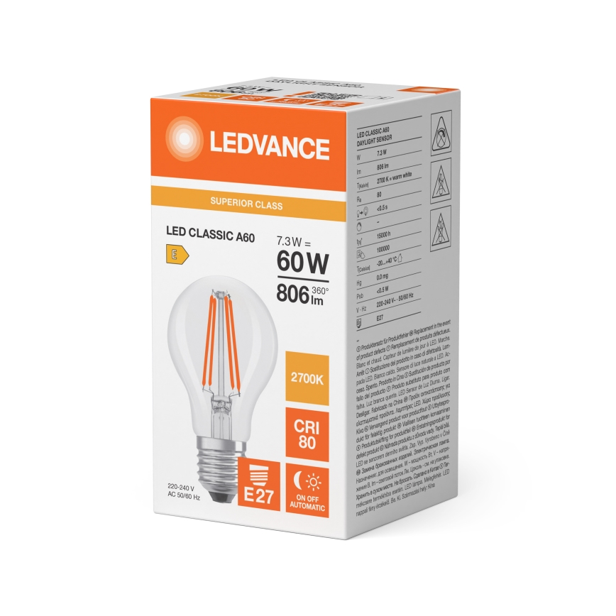 LED izzó alkonyatérzékelővel CLASSIC FILAMENT A60 E27/7,3W/230V 2700K - Osram