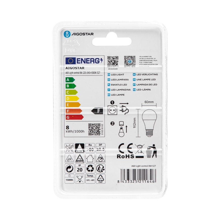 LED izzó alkonyatkapcsolóval A60 E27/8W/230V 6500K - Aigostar