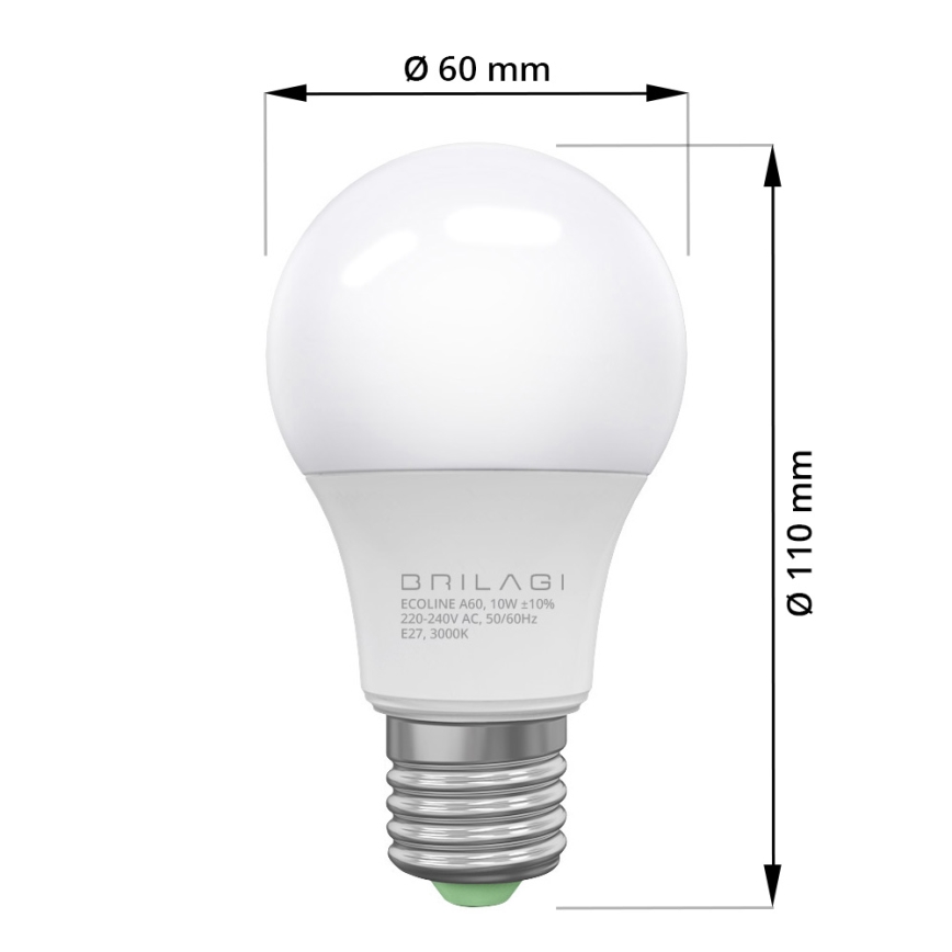 LED izzó ECOLINE A60 E27/10W/230V 3000K CRI 92 - Brilagi