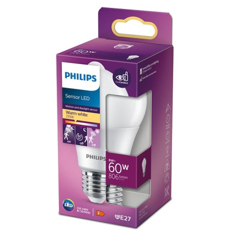 LED Izzó érzékelővel Philips A60 E27/8W/230V 2700K