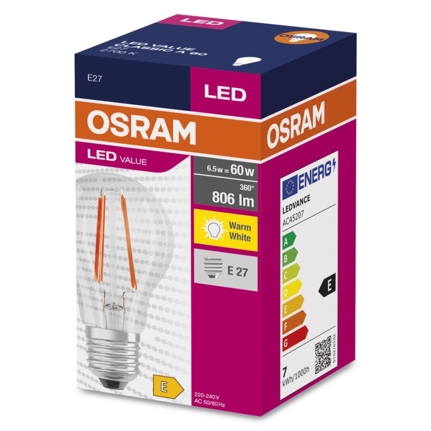LED Izzó FILAMENT A60 E27/6,5W/230V 2700K - Osram