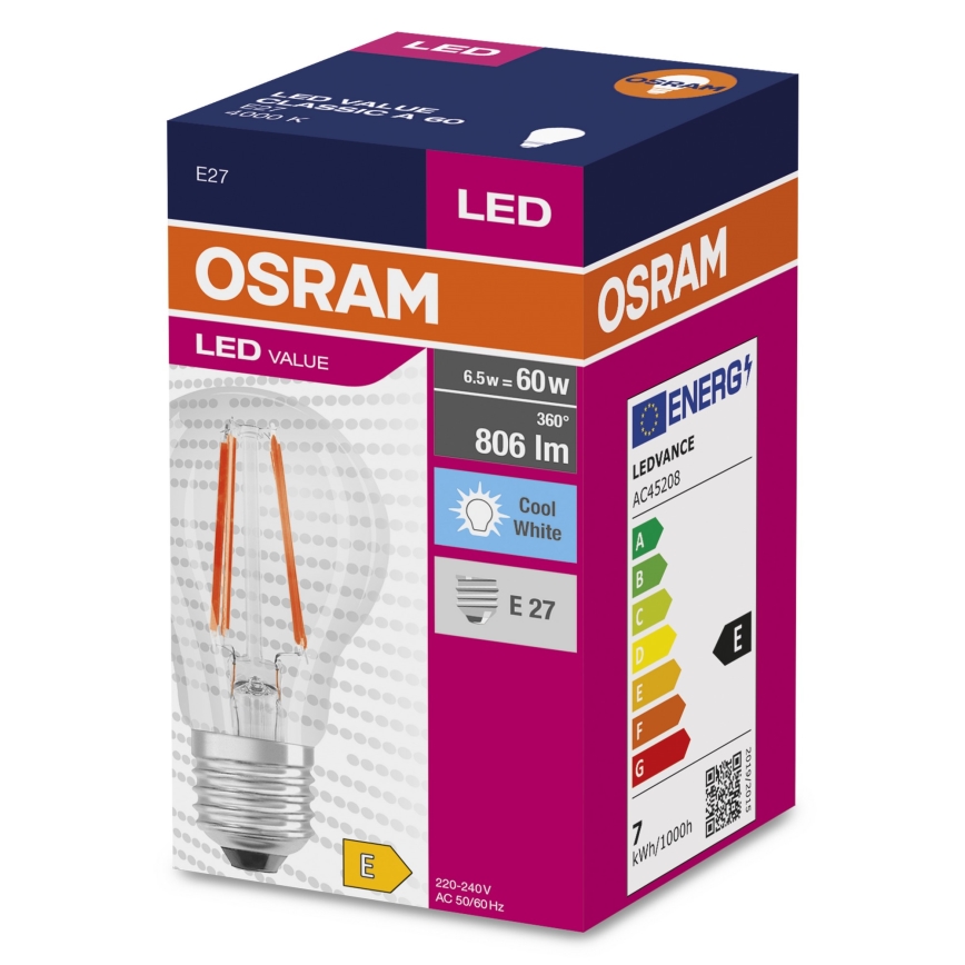 LED Izzó FILAMENT A60 E27/6,5W/230V 4000K - Osram