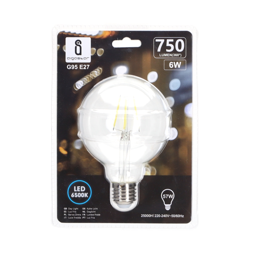 LED Izzó FILAMENT G95 E27/6W/230V 6500K - Aigostar