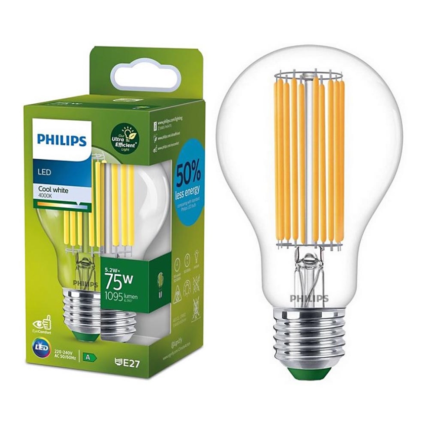 LED izzó FILAMENT Philips A70 E27/5,2W/230V 4000K