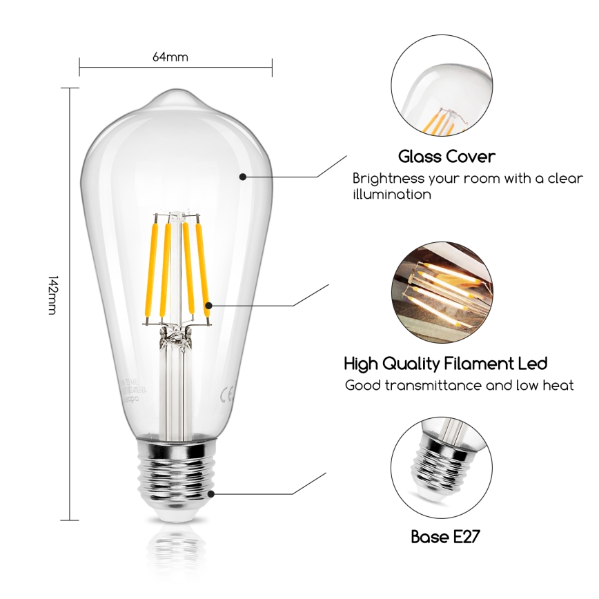 LED Izzó FILAMENT ST64 E27/6W/230V 2700K - Aigostar
