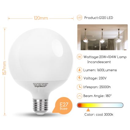 LED izzó G120 E27/20W/230V 3000K - Aigostar