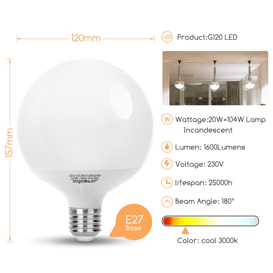 LED izzó G120 E27/20W/230V 3000K - Aigostar