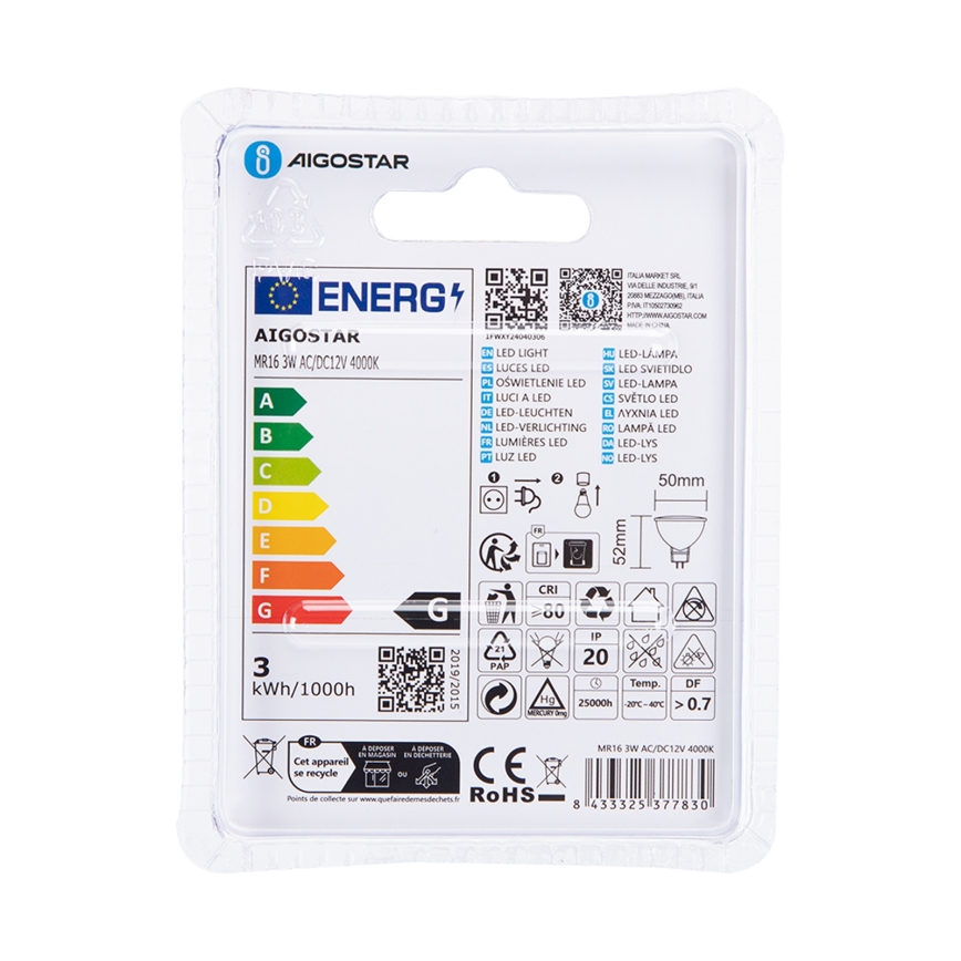 LED Izzó MR16 GU5,3/3W/12V 4000K - Aigostar